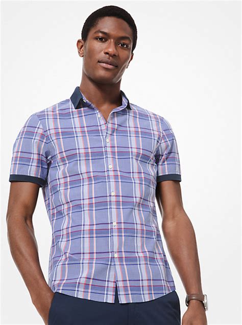 cu94cdt7bc slim-fit plaid cotton short-sleeve shirt michael kors twilight blue|Michael Kors Slim Fit Long Sleeve Button Down Stretch Shirt .